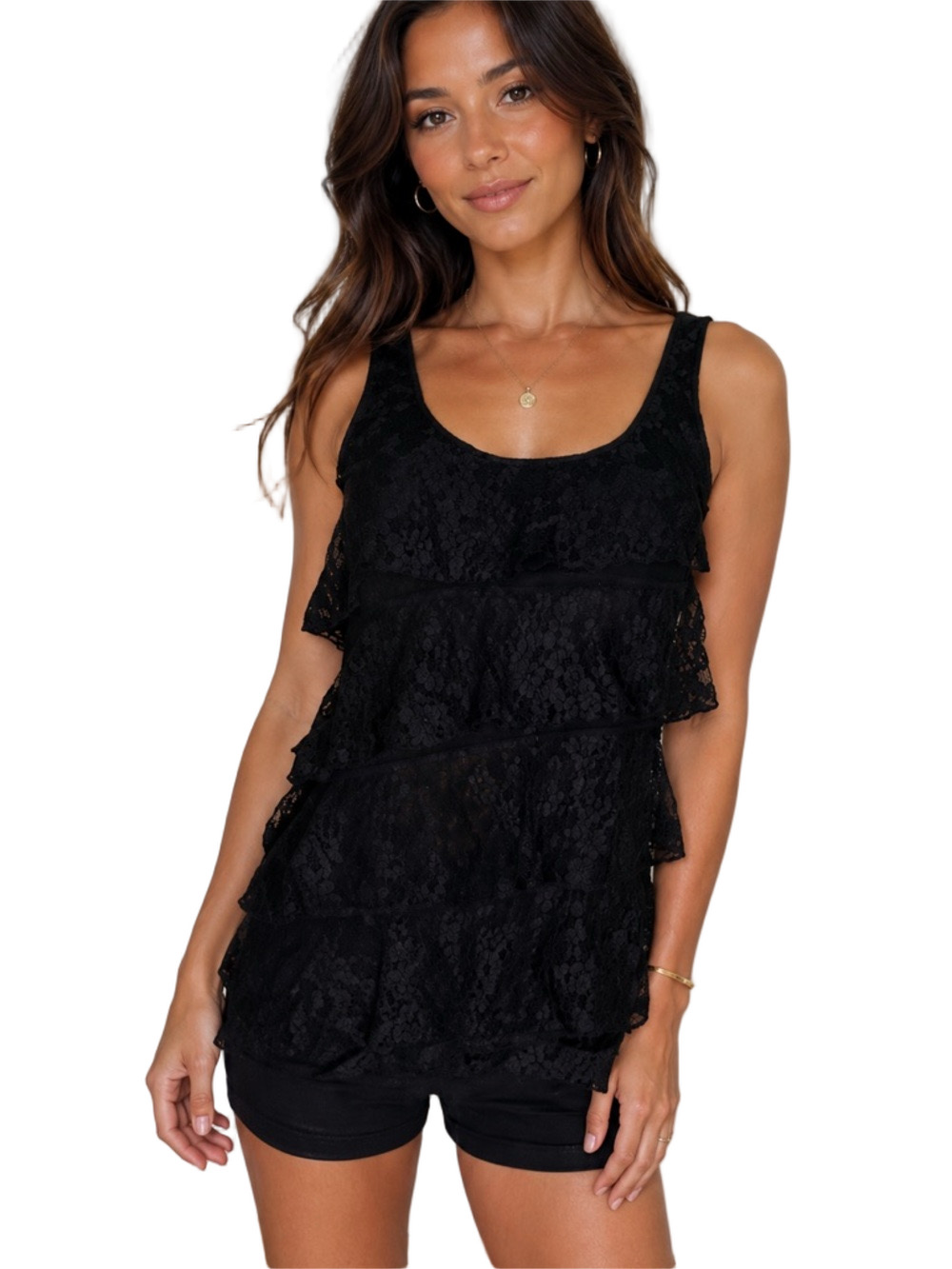 🍀 3 for $25 Express Vintage Top Black Tiered Draped Lace Ruffles Black
